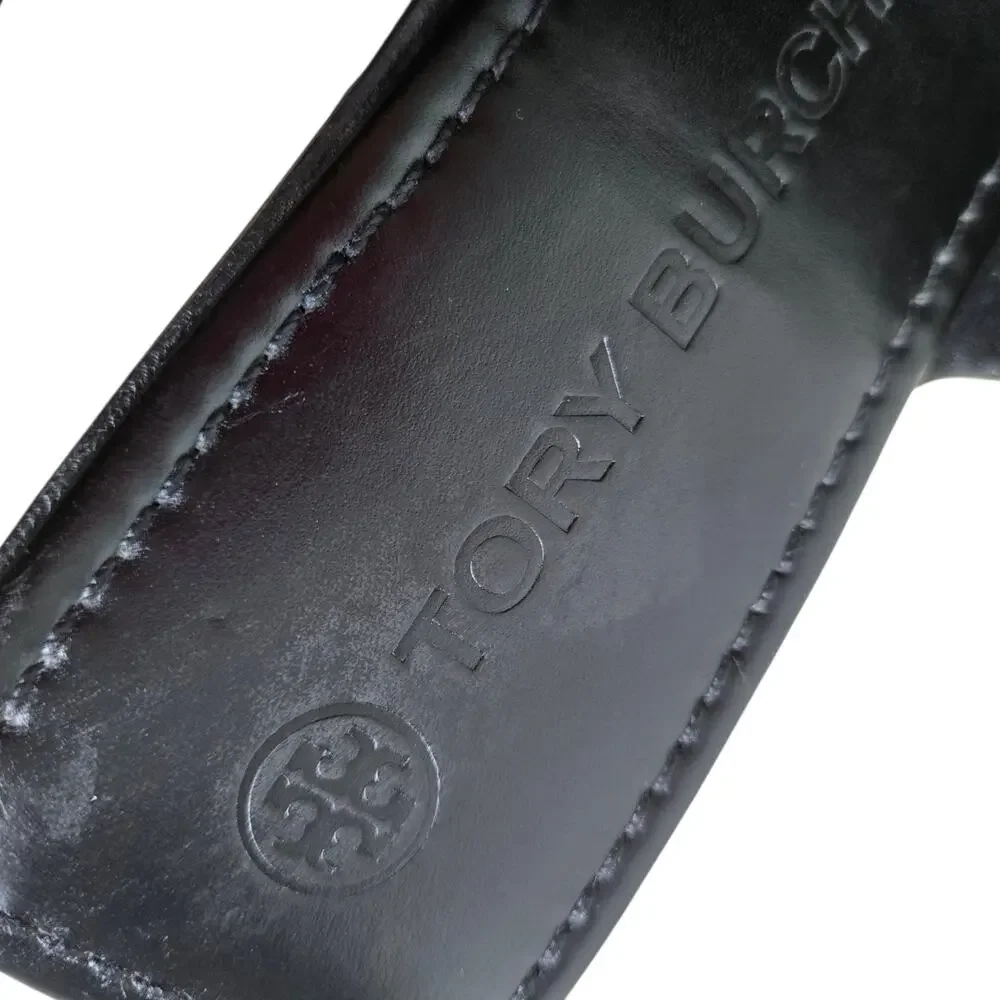 Tory Burch Georgia Sandal Black Thong Square Toe Flats Double T Logo Medallion 9